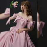 Elegant A line Off The Shoulder Satin Pink Evening Dress Long Prom Dresses HZ1024