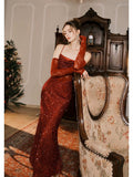 Elegant Mermaid Spaghetti Straps Burgundy Sequin Ruffles Prom Dresses Party Dresses HZ1024