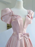 Elegant A line Square Neckline Satin Short Sleeves Pink Evening Dress Long Prom Dresses HZ1024