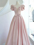 Elegant A line Square Neckline Satin Short Sleeves Pink Evening Dress Long Prom Dresses HZ1024