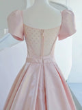 Elegant A line Square Neckline Satin Short Sleeves Pink Evening Dress Long Prom Dresses HZ1024