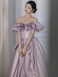 Elegant Ball Gown Off The Shoulder Lilac Short Sleeves Evening Dress Long Prom Dresses HZ1024