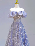 Elegant Ball Gown Off The Shoulder Lilac Short Sleeves Sequin Evening Dress Long Prom Dresses HZ1024