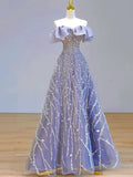 Elegant Ball Gown Off The Shoulder Lilac Short Sleeves Sequin Evening Dress Long Prom Dresses HZ1024