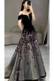 Elegant Ball Gown Off The Shoulder Black Short Sleeves Sequin Evening Dress Long Prom Dresses HZ1024