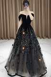 Elegant Ball Gown Off The Shoulder Black Short Sleeves Sequin Evening Dress Long Prom Dresses HZ1024