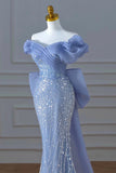 Elegant Mermaid Off The Shoulder Blue Short Sleeves Sequin Evening Dress Long Prom Dresses HZ1024