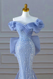Elegant Mermaid Off The Shoulder Blue Short Sleeves Sequin Evening Dress Long Prom Dresses HZ1024