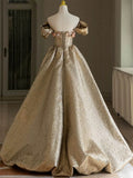 Pretty Ball Gown Off The Shoulder Gold Satin Long Ruffles Prom Dresses Sweet 16 Dresses HZ1024