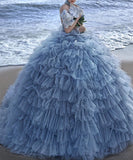 Pretty Ball Gown High Neckline Tulle Layers Long Blue Ruffles Prom Dresses Sweet 16 Dresses HZ1024
