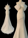 Chic Mermaid Off The Shoulder Short Sleeves Ivory Chiffon Wedding Dresses With Ruffles HZ1024