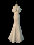 Chic Mermaid Off The Shoulder Short Sleeves Ivory Chiffon Wedding Dresses With Ruffles HZ1024