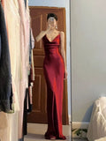 Pretty Mermaid Spaghetti Straps Burgundy Satin Long Floor Length Prom Dresses HZ1024