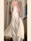 Vintage Mermaid Spaghetti Straps Champagne Satin Long Floor Length Prom Dresses HZ1024