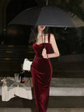 Gorgeous Mermaid Straps Burgundy Velvet Evening Dress Prom Dresses Birthday Outfits HZ1024