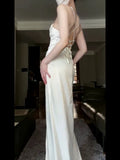Vintage Mermaid Spaghetti Straps White Satin Long Birthday Dress Prom Dresses HZ1024