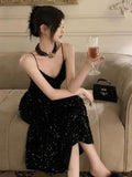 Gorgeous Sheath Spaghetti Straps Black Sequin Evening Dress Prom Dresses Birthday Outfits HZ1024
