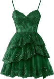 Short Sparkly Lace Corset Layered Spaghetti Straps Tulle Tiered Homecoming Dress HZ1024