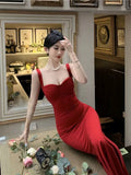 Vintage Mermaid Straps Black Satin Long Birthday Dress Prom Dresses HZ1024
