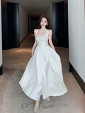 Vintage A Line Square Neckline White Satin Evening Dress Prom Dresses HZ1024