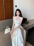 Vintage A Line Square Neckline White Satin Evening Dress Prom Dresses HZ1024