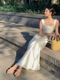Vintage Mermaid Square Neckline White Sleeveless Satin Prom Dresses Birthday Party Dress HZ1024
