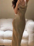 Vintage Mermaid Spaghetti Straps Champagne Sleeveless Satin Prom Dresses Birthday Party Dress HZ1024