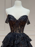 A-Line Sequin Tulle Short Prom Dress Black Homecoming Dress HZ1024