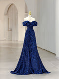 Vintage A line Off The Shoulder Royal Blue Sequin Long Evening Dress Prom Dresses HZ1024