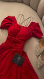 Vintage A Line Spaghetti Straps Red Satin Beading Evening Dress Prom Dresses HZ1024