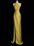 Sexy A line Boat Neckline Gold Satin Prom Dresses Party Evening Dress HZ1024