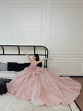 Vintage Ball Gown Strapless Pink Long Prom Dresses Tulle Layers Evening Dress HZ1024