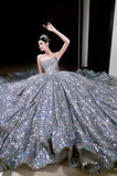Vintage Ball Gown Strapless Sequin Silver Long Prom Dresses Layers Evening Dress HZ1024