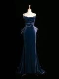 Sexy Mermaid Spaghetti Straps Navy Blue Velvet Prom Dresses Party Evening Dress With Beads HZ1024