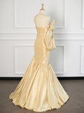 Sexy Mermaid One Shoulder Yellow Satin Long Prom Dresses Party Evening Dress With Bow HZ1024