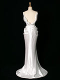Vintage Mermaid Jewel Neckline White Satin Slit Wedding Dresses With Pearls HZ1024