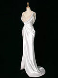 Vintage Mermaid Jewel Neckline White Satin Slit Wedding Dresses With Pearls HZ1024
