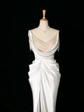 Vintage Mermaid Jewel Neckline White Satin Slit Wedding Dresses With Pearls HZ1024