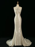 Pretty Mermaid Halter Sequin Long Prom Dresses Party backless Evening Dress HZ1024
