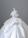 Chic Ball Gown Off The Shoulder White Short Sleeves Floral Satin Wedding Dresses With Ruffles HZ1024