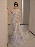 Timeless Mermaid Off The Shoulder White Tulle Sequin Long Wedding Dresses HZ1024