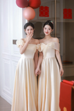 Champagne A Line Elegant Off The Shoulder Satin Long Bridesmaid Dress HZ1024