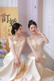 Champagne A Line Elegant Off The Shoulder Satin Long Bridesmaid Dress HZ1024