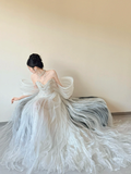 Unique A Line Off The Shoulder White Tulle Beaded Ruffles Long Wedding Dresses HZ1024