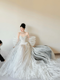 Unique A Line Off The Shoulder White Tulle Beaded Ruffles Long Wedding Dresses HZ1024