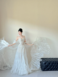 Unique A Line Off The Shoulder White Tulle Beaded Ruffles Long Wedding Dresses HZ1024