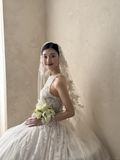 Vintage Ball Gown Halter White Tulle Lace With Veil Gloves Long Wedding Dresses HZ1024
