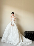 Dreamy Ball Gown Strapless White Lace With Gloves Long Wedding Dresses HZ1024