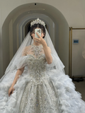 Timeless Ball Gown Off The Shoulder Satin Tulle Sequin Beaded With Veil Long Wedding Dresses HZ1024