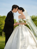 Elegant Ball Gown Strapless Satin Lace With Veil Long Wedding Dresses HZ1024